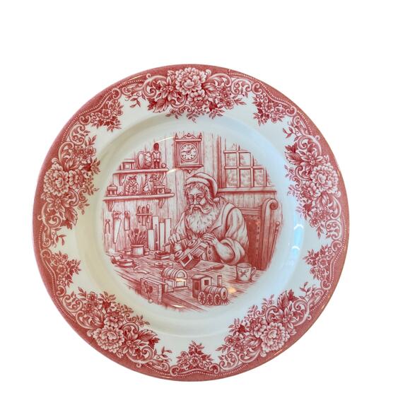 4pc Royal Stafford Christmas SANTA'S WORKSHOP Porcelain Dinner Plates 11" Red - Picture 13 of 15